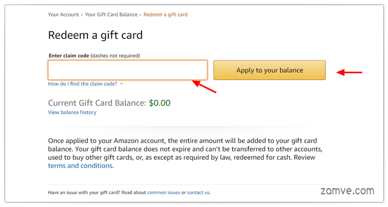 how to activate Amazon redeem code on zamve.com
